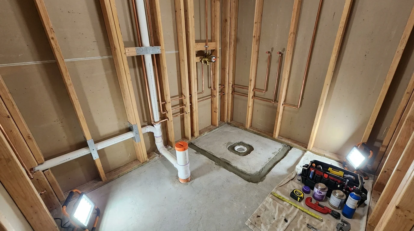Bathroom rough-in plumbing during remodel by Johns Plumbing LLC in Stonington