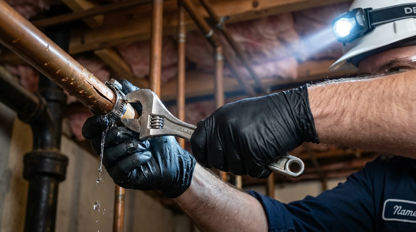 Emergency pipe clamp repair being performed by a Johns Plumbing LLC plumber in Stonington