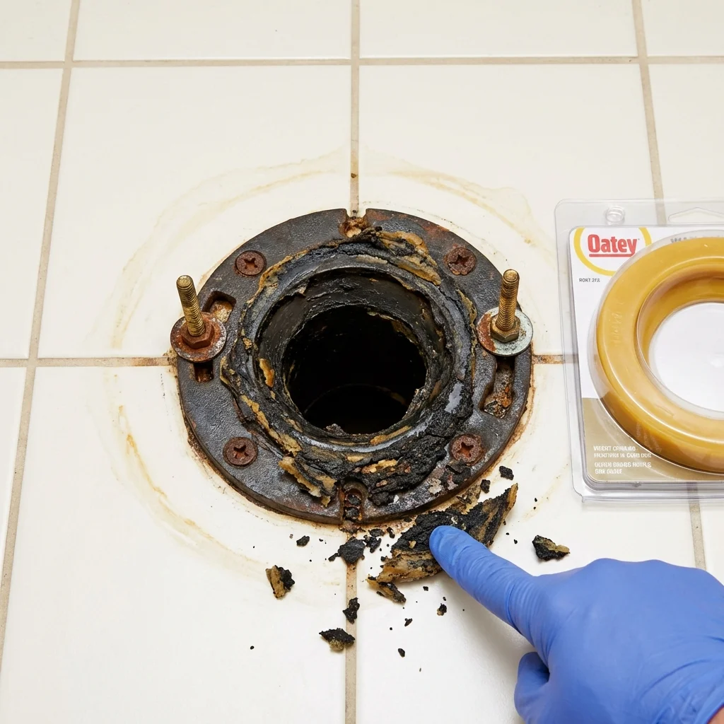 Failed wax ring showing water seepage at the base of a toilet in a Stonington, ME home