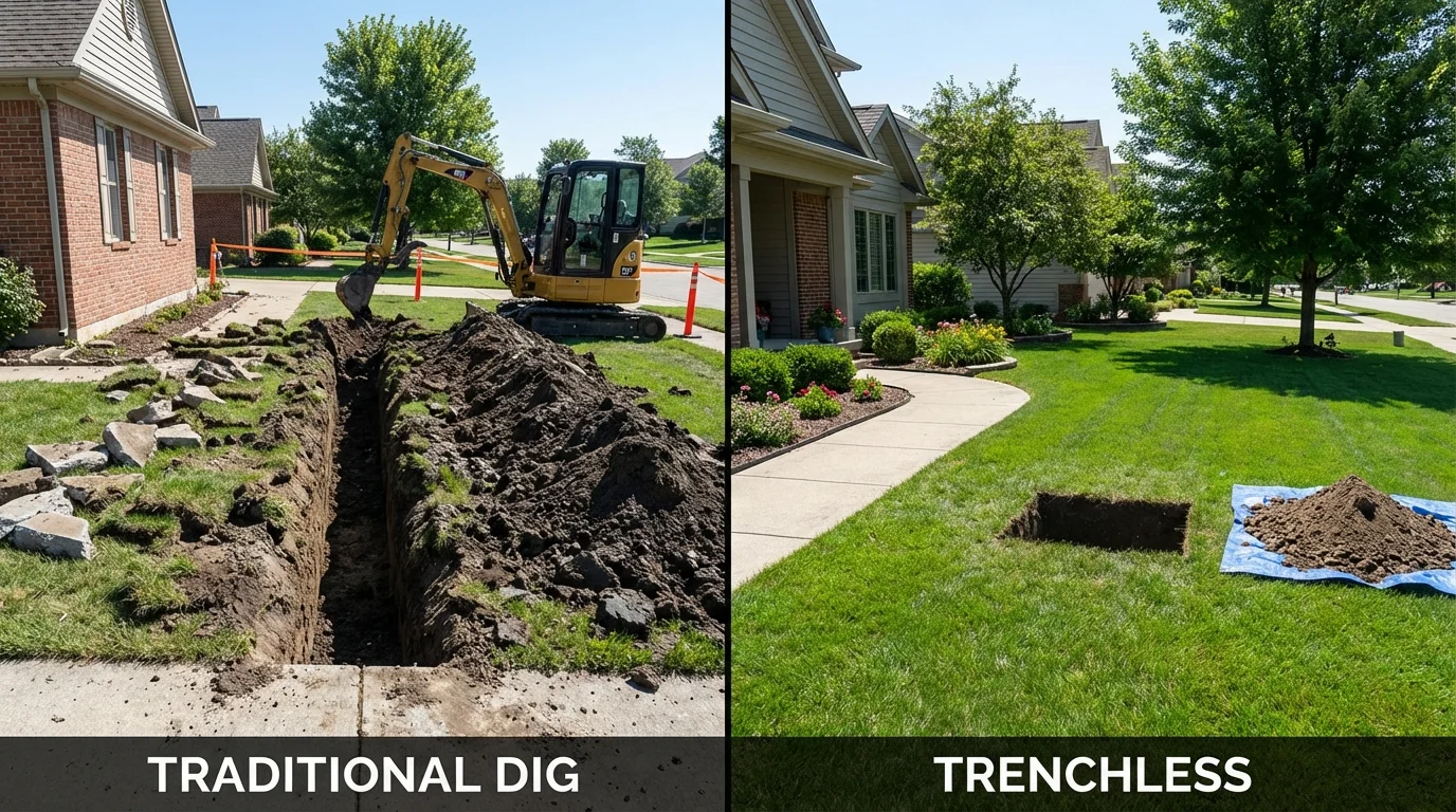Trenchless sewer repair with minimal yard damage versus traditional excavation in Stonington, ME
