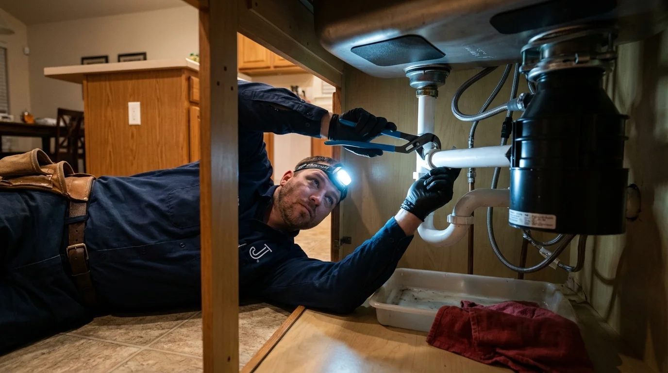 P-trap and supply line connections under a kitchen sink showing a common leak point in Stonington, ME